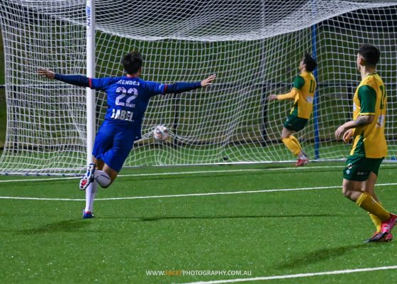 Manly United forward Bruno Mendes celebrates a goal against Mt Druitt Town Rangers during the 2022 NPL NSW Men's season. Photo credit: Jeremy Denham