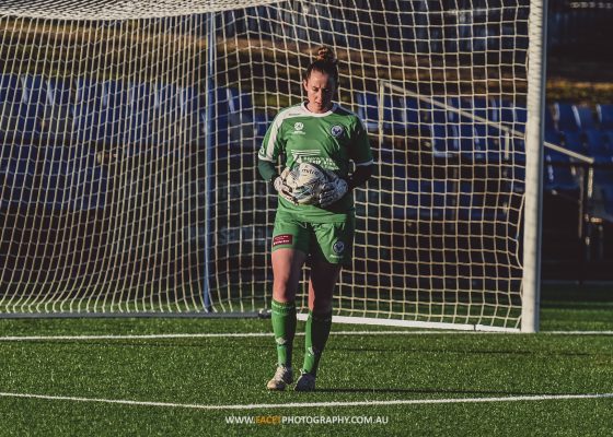 Manly United goalkeeper Nicole Simonsen prepares for a goal kick during a 2022 NPL NSW Women's game. Photo credit: Jeremy Denham