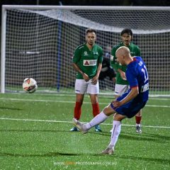 Matt Sim of Manly United takes a free kick during a 2022 NPL NSW Men's game against Marconi Stallions. Photo credit: Jeremy Denham