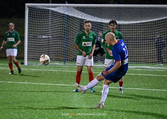 Matt Sim of Manly United takes a free kick during a 2022 NPL NSW Men's game against Marconi Stallions. Photo credit: Jeremy Denham