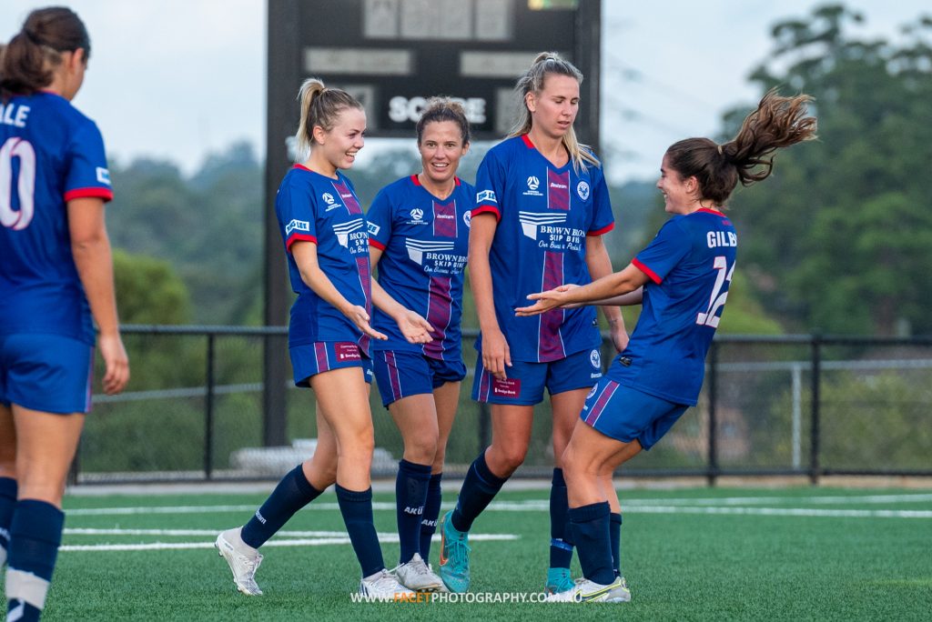 Manly United celebrate Nicole Stuart's equalising goal during their NPL NSW Women's game against Gladesville Ravens. Photo credit: Jeremy Denham