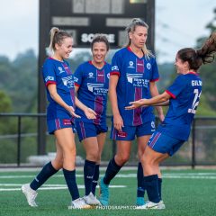 Manly United celebrate Nicole Stuart's equalising goal during their NPL NSW Women's game against Gladesville Ravens. Photo credit: Jeremy Denham