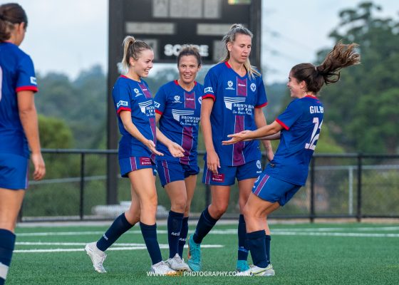 Manly United celebrate Nicole Stuart's equalising goal during their NPL NSW Women's game against Gladesville Ravens. Photo credit: Jeremy Denham