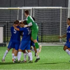 Manly United celebrate Dom Ferguson's goal against St George City. Photo credit: Jeremy Denham