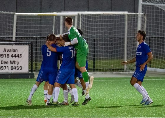 Manly United celebrate Dom Ferguson's goal against St George City. Photo credit: Jeremy Denham