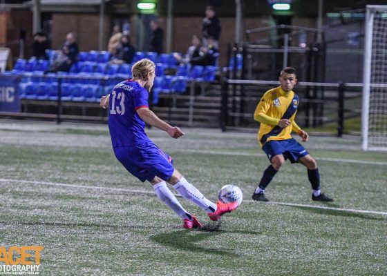 Scott Balderson fires at goal during a 2020 NPL NSW Men's game between Manly United and North Shore Mariners. Our own Jesse Piriz is in the background! Photo credit: Jeremy Denham