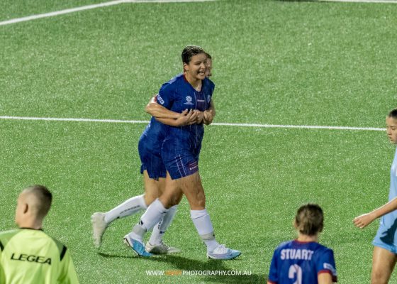 Manly United celebrate Sienna Dale's goal during their 2-0 win over Football NSW Institute in Round 4 of the NPL NSW Women's competition. Photo credit: Jeremy Denham