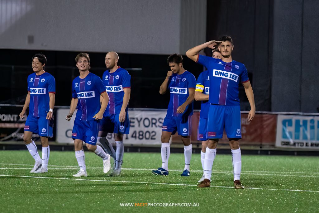 Alen Aganovic salutes the camera during a penalty shootout in the Australia Cup game between Manly United and Wollongong Wolves. Photo credit: Jeremy Denham