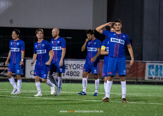 Alen Aganovic salutes the camera during a penalty shootout in the Australia Cup game between Manly United and Wollongong Wolves. Photo credit: Jeremy Denham