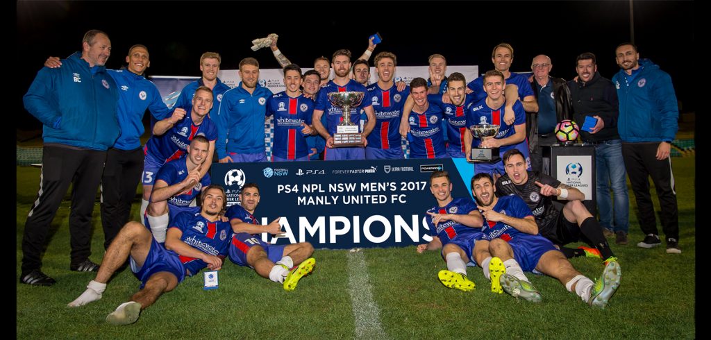 Andrew Christiansen (far right of picture) was an assistant coach when Manly United won the 2017 NPL NSW Men's 1st Grade Championship. Photo credit: Photos By Loopii for Football NSW