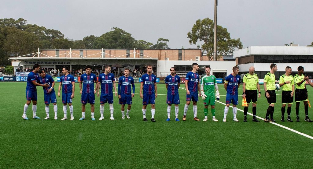 Manly United line up before their 2023 Round 9 NPL NSW Men's game against Mt Druitt Town Rangers. Photo credit: Jeremy Denham