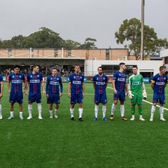 Manly United line up before their 2023 Round 9 NPL NSW Men's game against Mt Druitt Town Rangers. Photo credit: Jeremy Denham