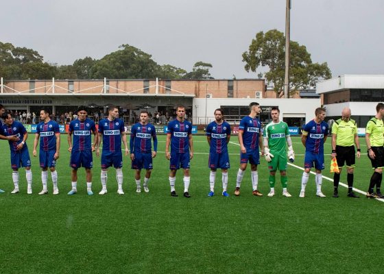 Manly United line up before their 2023 Round 9 NPL NSW Men's game against Mt Druitt Town Rangers. Photo credit: Jeremy Denham