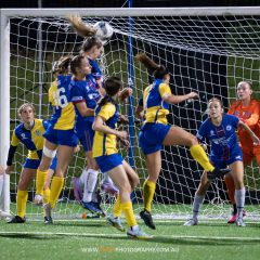 Manly United forward Emily Minett heads in the opening goal during the 2023 Round 8 NPL NSW Women's game between Manly and Sydney University. Photo credit: Jeremy Denham