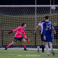 Kristian Santich's long shot flies into the net, helping Manly United to a 3-2 win over Bulls FC Academy in Round 15 of the 2023 NPL NSW Men's season. Photo credit: Jeremy Denham