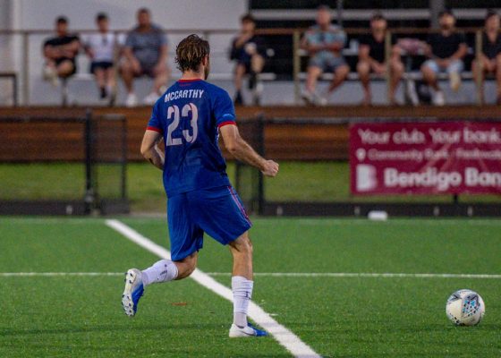 Action shot of Harry McCarthy during the 2023 NPL NSW Men's Round 2 game between Manly United and Sydney Olympic. Photo credit: Jeremy Denham