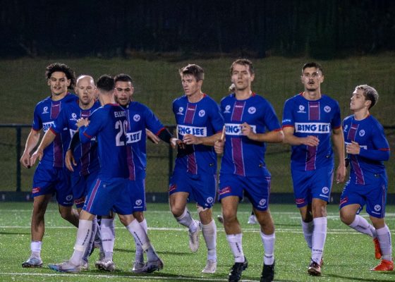 Manly United celebrate their second goal during the 2023 Round 15 NPL NSW Men's game against Bulls FC Academy. Photo credit: Jeremy Denham