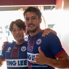 The Manly United duo of Seiya Kambayashi and Bruno Mendes pose for a photo before the 2023 NPL NSW Men's Round 10 game between APIA Leichhardt and Manly United at Lambert Park. Photo credit: Jeremy Denham