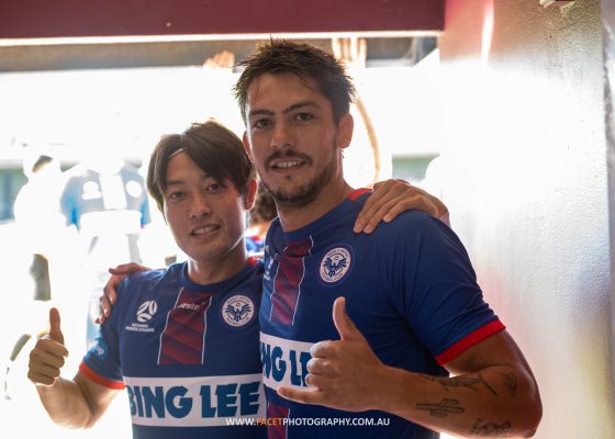 The Manly United duo of Seiya Kambayashi and Bruno Mendes pose for a photo before the 2023 NPL NSW Men's Round 10 game between APIA Leichhardt and Manly United at Lambert Park. Photo credit: Jeremy Denham