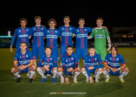 Manly United pose for a pre-game photo before their 2023 NPL NSW Men's Round 19 clash with Sydney FC. Photo credit: Jeremy Denham