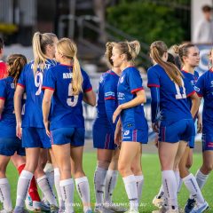 Manly United huddle before their 2023 NPL NSW Women's Round 14 game against Macarthur Rams. Photo credit: Jeremy Denham