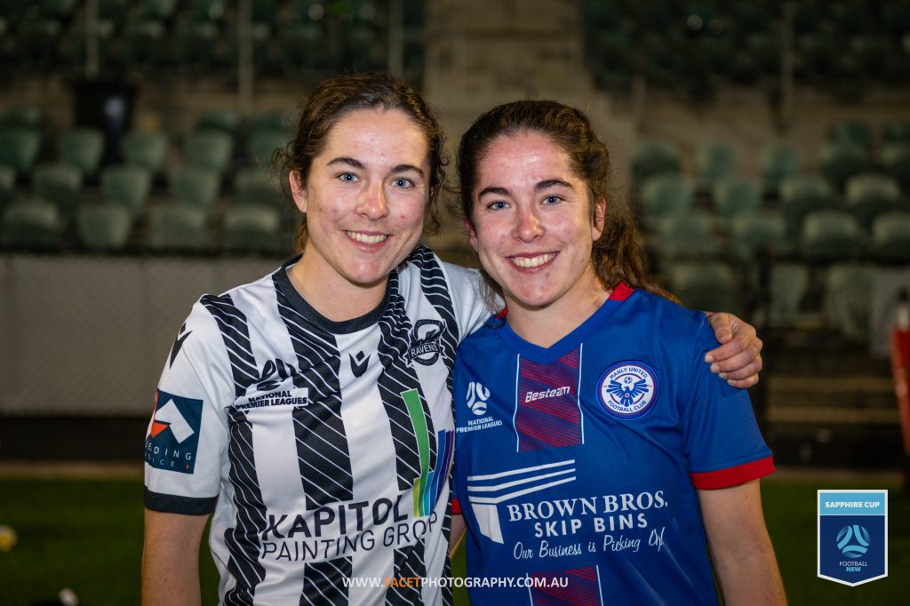 Liz and Phoebe Gilbane pose for a post-match photo after the 2023 Sapphire Cup quarter final between Manly United and Gladesville Ravens. Photo credit: Jeremy Denham