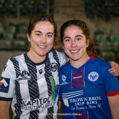 Liz and Phoebe Gilbane pose for a post-match photo after the 2023 Sapphire Cup quarter final between Manly United and Gladesville Ravens. Photo credit: Jeremy Denham