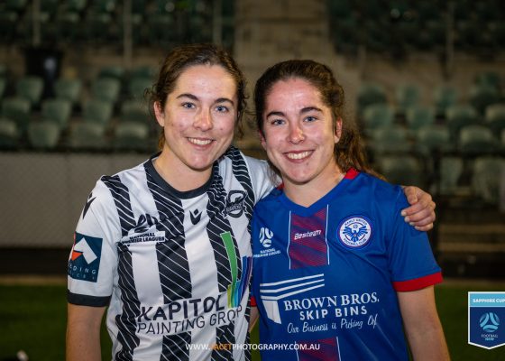 Liz and Phoebe Gilbane pose for a post-match photo after the 2023 Sapphire Cup quarter final between Manly United and Gladesville Ravens. Photo credit: Jeremy Denham