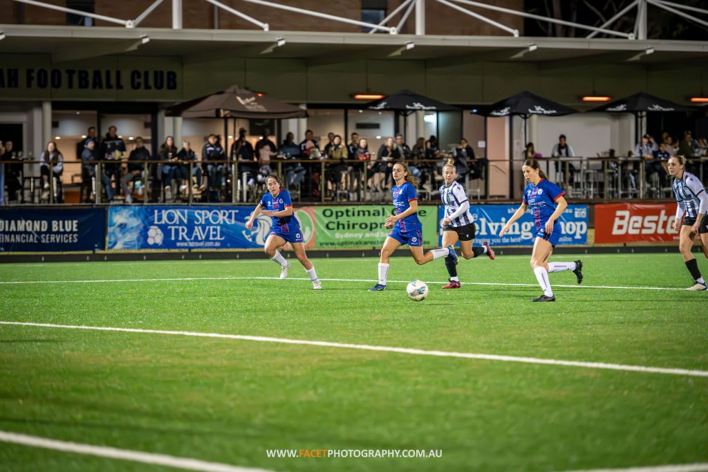 Daisy Arrowsmith bears down on goal during the 2023 NPL NSW Women's Round 16 game between Manly United and Gladesville Ravens at Cromer Park. Photo credit: Jeremy Denham