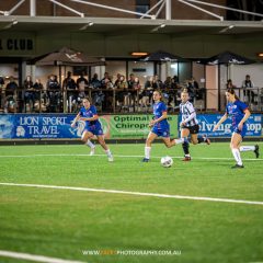 Daisy Arrowsmith bears down on goal during the 2023 NPL NSW Women's Round 16 game between Manly United and Gladesville Ravens at Cromer Park. Photo credit: Jeremy Denham