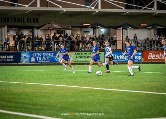 Daisy Arrowsmith bears down on goal during the 2023 NPL NSW Women's Round 16 game between Manly United and Gladesville Ravens at Cromer Park. Photo credit: Jeremy Denham