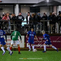 Action from the 2022 NPL NSW Men's Round 18 game between Manly United and Marconi Stallions at Cromer Park. Photo credit: Jeremy Denham