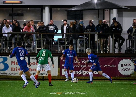 Action from the 2022 NPL NSW Men's Round 18 game between Manly United and Marconi Stallions at Cromer Park. Photo credit: Jeremy Denham