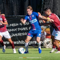 Harry McCarthy holds off a defender during the 2023 NPL NSW Men's Round 10 game between Manly United and APIA Leichhardt. Photo credit: Jeremy Denham