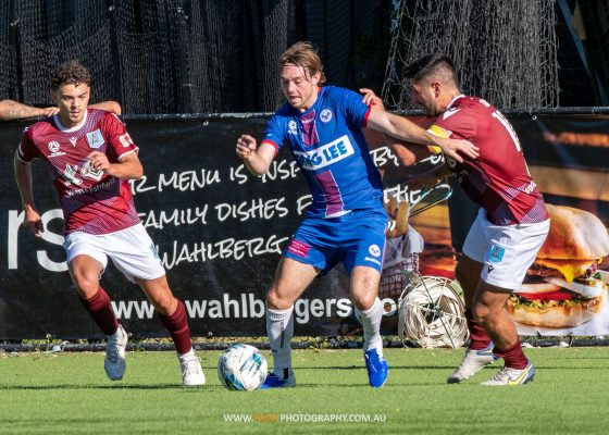 Harry McCarthy holds off a defender during the 2023 NPL NSW Men's Round 10 game between Manly United and APIA Leichhardt. Photo credit: Jeremy Denham