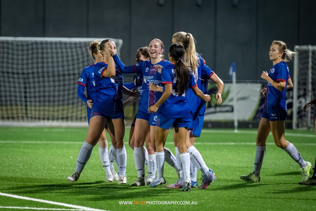 Manly United celebrate a goal during their 2023 NPL NSW Women's Round 14 game against Macarthur Rams. Photo credit: Jeremy Denham