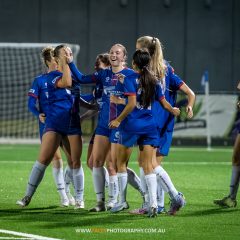 Manly United celebrate a goal during their 2023 NPL NSW Women's Round 14 game against Macarthur Rams. Photo credit: Jeremy Denham