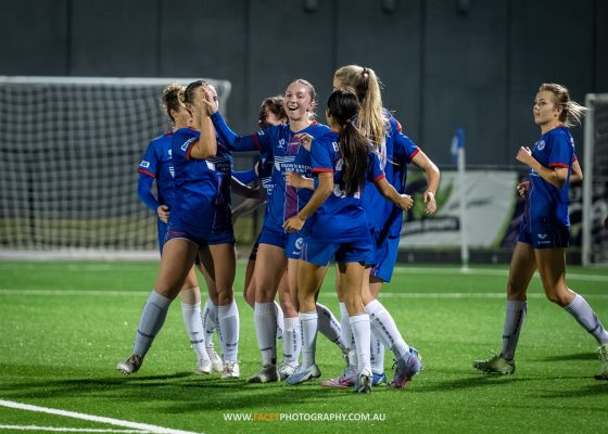 Manly United celebrate a goal during their 2023 NPL NSW Women's Round 14 game against Macarthur Rams. Photo credit: Jeremy Denham