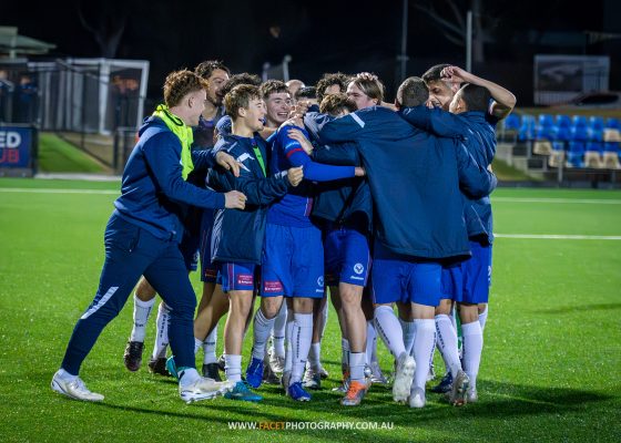 Manly United celebrate Harry McCarthy's goal during their 2023 NPL NSW Men's Round 25 game against APIA Leichhardt at Cromer Park. Photo credit: Jeremy Denham