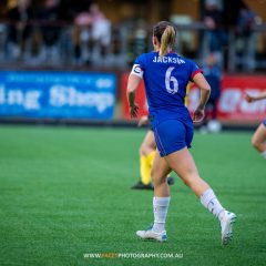 Action shot of Ruby Jackson from the 2023 NPL NSW Women's Round 23 game between Manly United and NWS Spirit at Cromer Park. Photo credit: Jeremy Denham