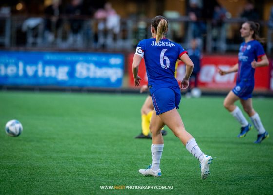 Action shot of Ruby Jackson from the 2023 NPL NSW Women's Round 23 game between Manly United and NWS Spirit at Cromer Park. Photo credit: Jeremy Denham