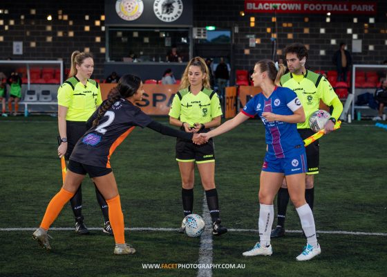 Chantelle Maniti (left) and Ruby Jackson (right) shake hands before the 2023 NPL NSW Women's Round 13 game between Blacktown Spartans and Manly United at Blacktown Football Park. Photo credit: Jeremy Denham