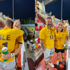 Sienna Dale and her father Justin celebrate Sienna's four goal haul for the Junior Matildas against Bangladesh. Images supplied.