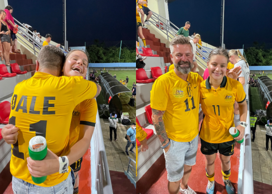 Sienna Dale and her father Justin celebrate Sienna's four goal haul for the Junior Matildas against Bangladesh. Images supplied.