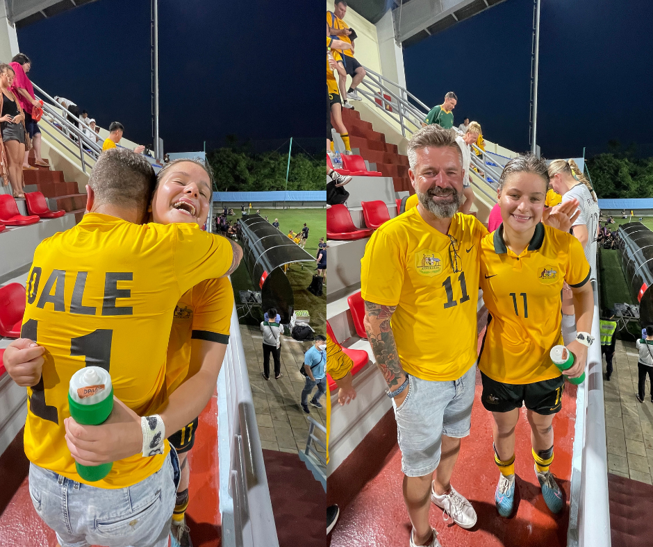 Sienna Dale and her father Justin celebrate Sienna's four goal haul for the Junior Matildas against Bangladesh. Images supplied.