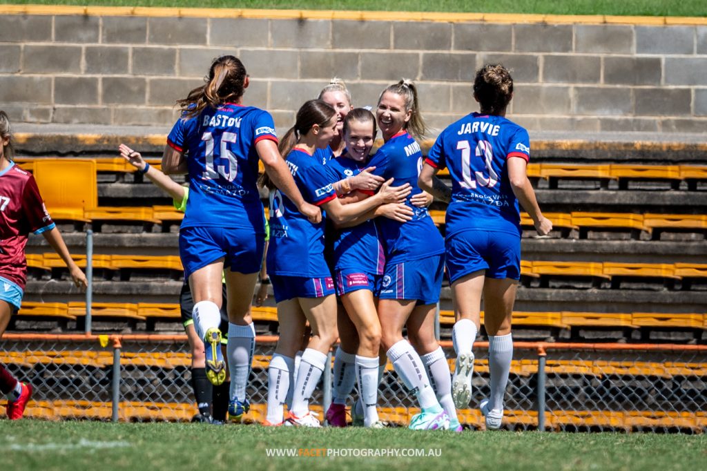 Manly United celebrate Nicole Stuart's goal during their 2024 NPL Women's NSW Round 1 game against APIA Leichhardt at Leichhardt Oval. Photo credit: Jeremy Denham / Facet Photography