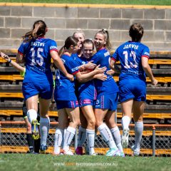 Manly United celebrate Nicole Stuart's goal during their 2024 NPL Women's NSW Round 1 game against APIA Leichhardt at Leichhardt Oval. Photo credit: Jeremy Denham / Facet Photography