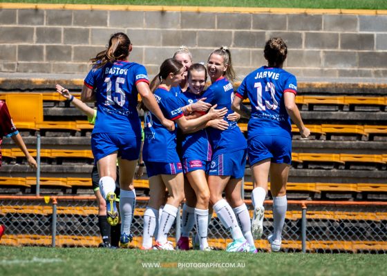 Manly United celebrate Nicole Stuart's goal during their 2024 NPL Women's NSW Round 1 game against APIA Leichhardt at Leichhardt Oval. Photo credit: Jeremy Denham / Facet Photography