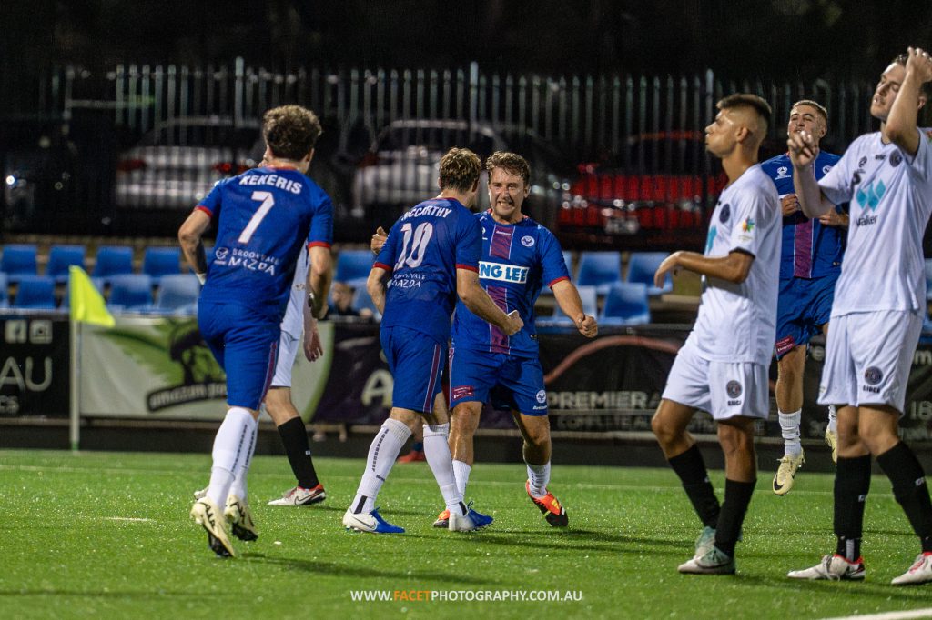 Manly United celebrate Harry McCarthy's goal during the NPL Men's NSW game between Manly and Blacktown, played at Cromer Park on March 6, 2024. Photo credit: Jeremy Denham / Facet Photography