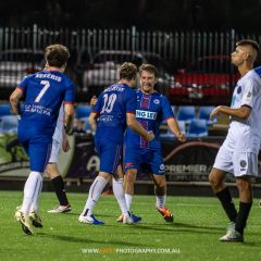 Manly United celebrate Harry McCarthy's goal during the NPL Men's NSW game between Manly and Blacktown, played at Cromer Park on March 6, 2024. Photo credit: Jeremy Denham / Facet Photography